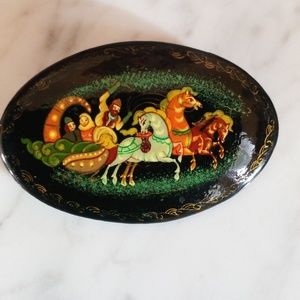 Russian Handpainted Black Lacquer Brooch